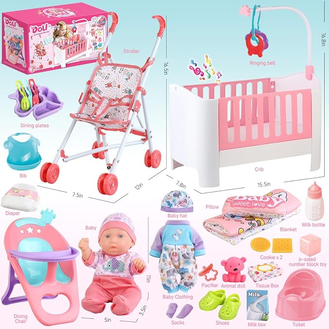 Baby Doll Crib and Stroller Accessories Play Set with 11" Baby Doll,Dining Chair,24 PCS Dolls Accessories and 2 Sets Clothes,Realistic Pretend Play for Girls Kids 3-5 4-6 5-7 Year Gifts