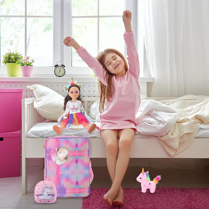 Wettarn 18 Inch Doll Carrier Set with Clothes and Accessories Including Doll Travel Bag, Dress, Shoes, Sunglasses, Backpack and Unicorn for Unicorn Birthday Gift(Pink)