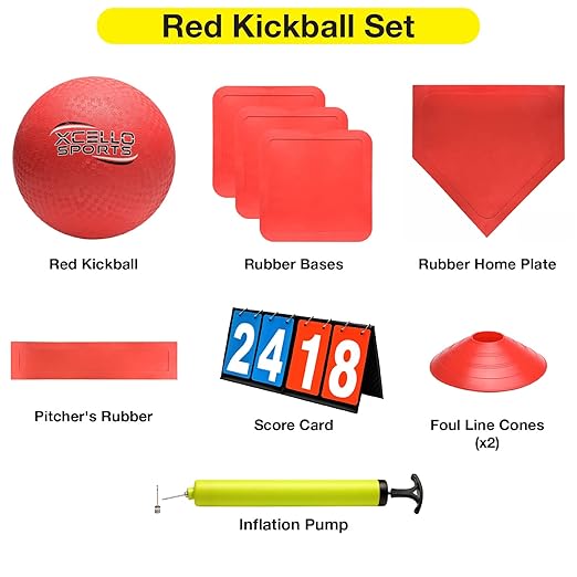 Kickball Set - 10" Playground Ball, Throw Down Bases, Foul Marker Discs, 12" Pump and Scoreboard