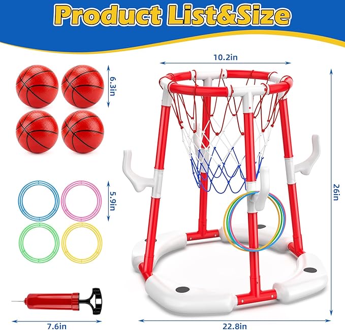Floating Pool Basketball Hoop, 2-in-1 Basketball Pool Toys for Kids with 4 Balls 12 Rings, Summer Outdoor Swimming Pool Sports Game Water Play Toys for Kids Age 3-12