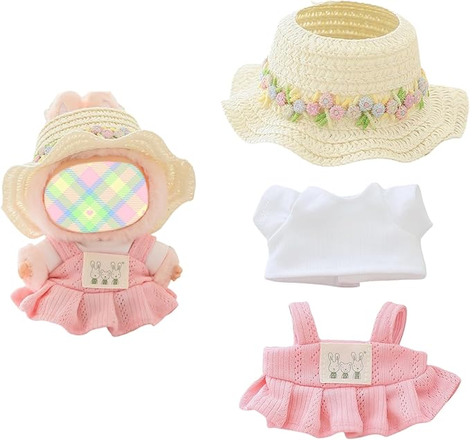 Clothes for Lu bubu 17cm Dolls Accessories (No Doll), Kawaii Hat Skirt Outfit Set 3 Pieces for 17cm Dolls Suit, Stylish Flower Doll Hat Clothing Set Replacement Pink