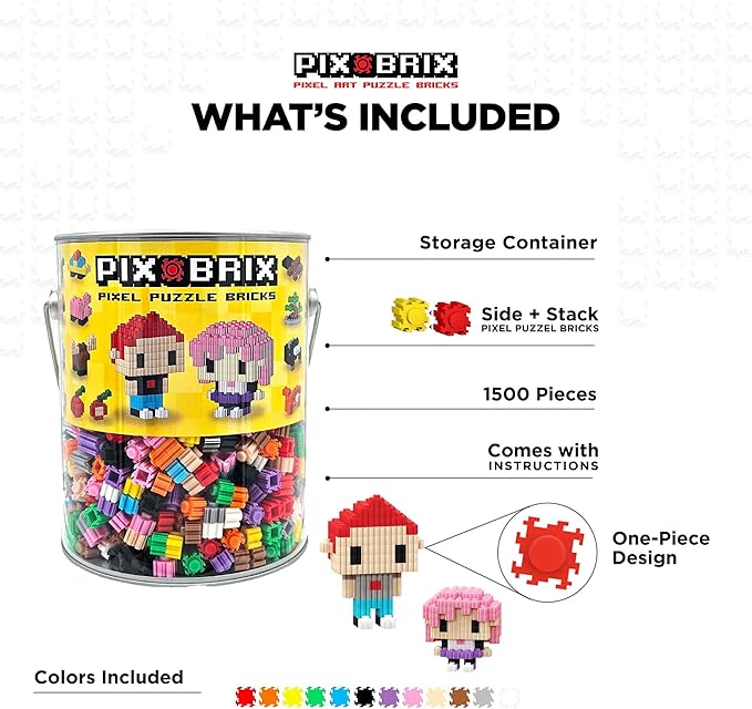 Pix Brix Pixel Art kit Puzzle Bucket - 1,500-Piece Kit with 12-Color Medium Palette – Patented Interlocking Building Bricks for 2D and 3D Creations – STEM Toy for Ages 6+