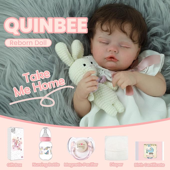 SCOM Lifelike Reborn Baby Dolls Quinbee - 20-Inch Realistic Reborn Doll Girl Soft Body Eyes Closed Newborn Real Life Baby Doll That Look Real for Kids Age 3+