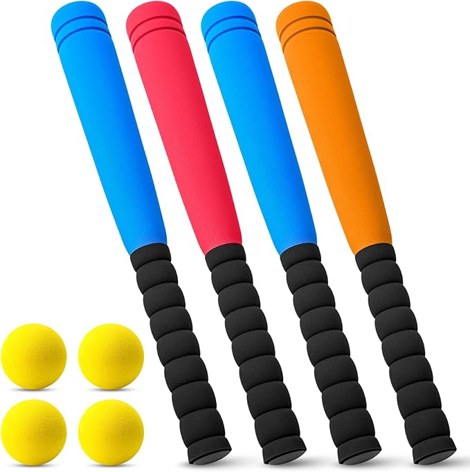 Wettarn 4 Pcs 16.5" Foam Baseball Bat with Balls Kids Soft Mini Foam Baseballs T Ball Bat Gift Set for Outdoor Indoor Sport Game Beginners Practice Playing Training (Red, Blue, Orange)