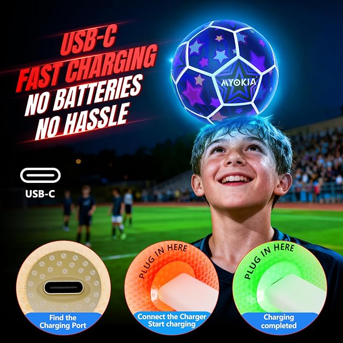 Light Up Soccer Ball Glow in The Dark Size 5 Indoor&Outdoor Sports Gifts Birthday Ideas for 3-15+ Boys, Girls, Teens with Pump & USB Cable, Tri-Color (Red, Green, Blue)，Outdoor Night Games