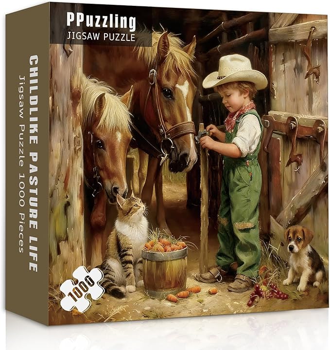 Country Farm Animals Puzzles for Adults 1000 Pieces, Vintage Cowboy Boy with Horses, Cat, Puppy Scene Jigsaw Puzzle, Challenging Rustic Barn Farmhouse Art Puzzle