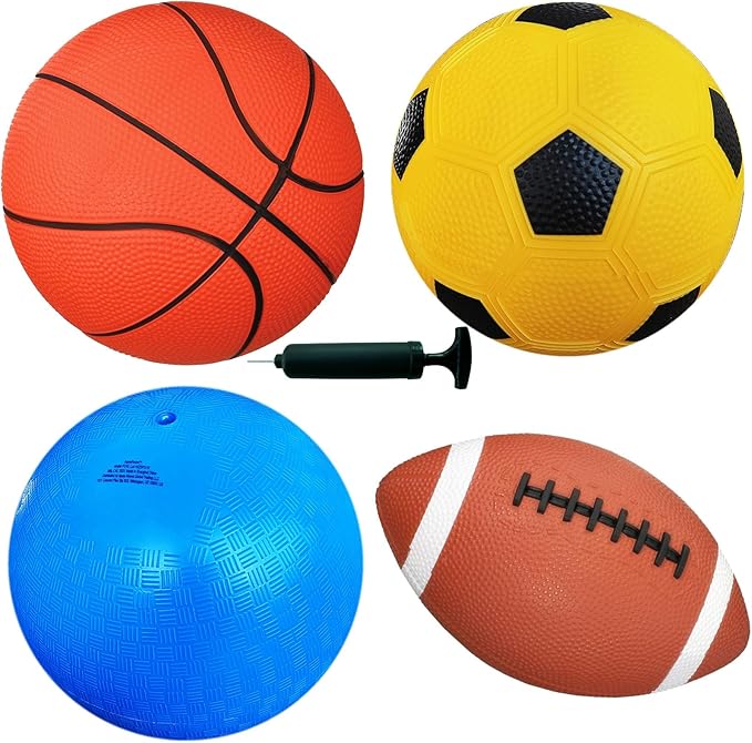 AppleRound 4-Pack Sports Balls for Toddlers & Kids with Pump – 5-Inch Soccer Ball, Basketball, Playground Ball & 6.5-Inch Football – Soft Small Balls for Indoor/Outdoor Play (Ages 2-7)