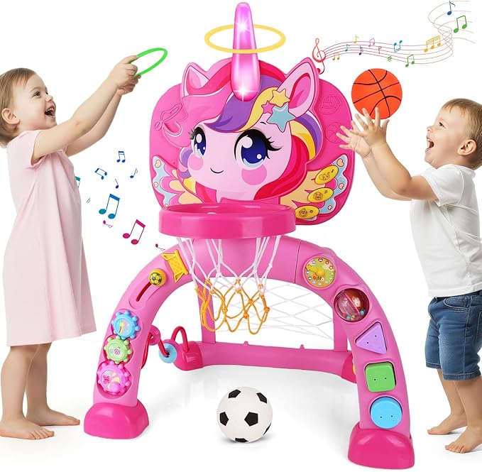 Toddler Basketball Hoop for Kids, Unicorn Basketball & Soccer Game Sports Toy with 30+ Sounds, Baby Basketball Hoop Toys for 1 2 3 Years Old Girls Boys Christmas Birthday Gifts Indoor Outdoor Play