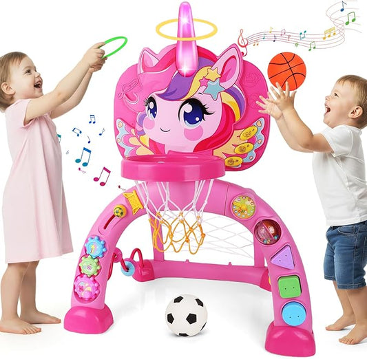 Toddler Basketball Hoop for Kids, Unicorn Basketball & Soccer Game Sports Toy with 30+ Sounds, Baby Basketball Hoop Toys for 1 2 3 Years Old Girls Boys Christmas Birthday Gifts Indoor Outdoor Play