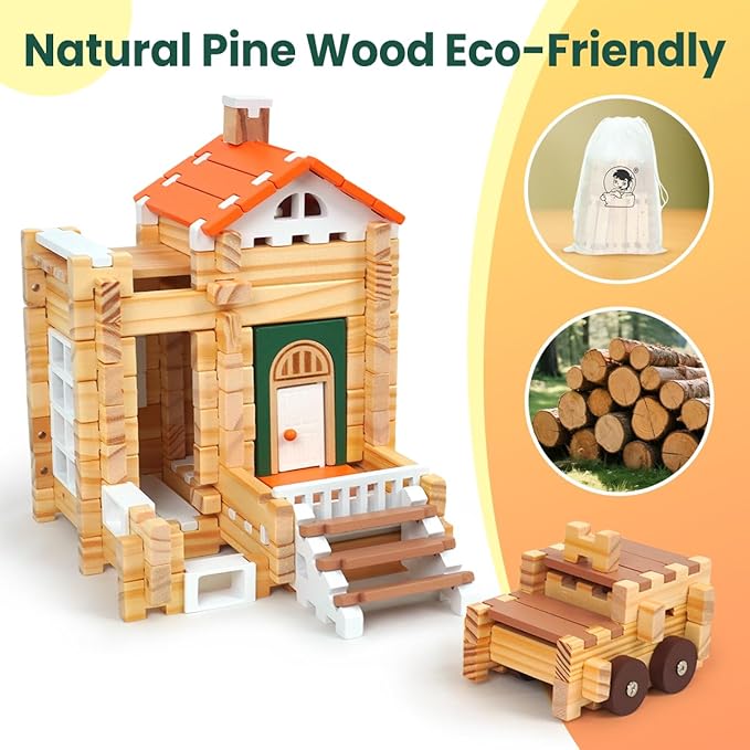 Jovi-mindly＆Notchies New 206 PCS Wooden Blocks Wooden Toys with House and Car, Preschool Learning Toys Wood Blocks Building for Kids Ages 4-8 Creative Construction Game,Easter Toys Gifts