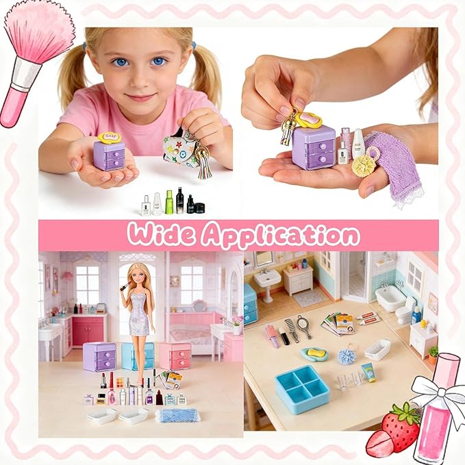 72Pcs Dollhouse Mini Jewelry Storage Case Handbag Towel Cosmetic Set Bathroom Acessories Toothbrush Shampoo Perfume Hair Dryer Comb Purse Decor DIY Doll Backpack Girl Micro Scene