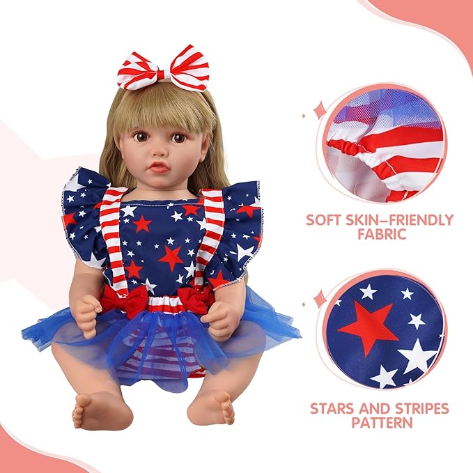BABESIDE 2 Pcs Reborn Baby Doll Clothes for 17-22 Inch Babydolls, Reborn Doll Dress Accessories with Headband for Realistic Baby Dolls Girls, Stars and Stripes