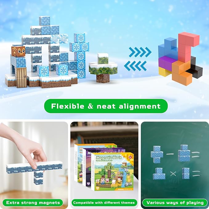 100PCS Magnetic Blocks, Magnet Building Blocks for Kids Age 4-8, Magnetic Cubes Sets for Frozen Princess Castle Build, Magnet Cubes Tiles Toys for Girls Age 3+ Years Old Birthday Gift