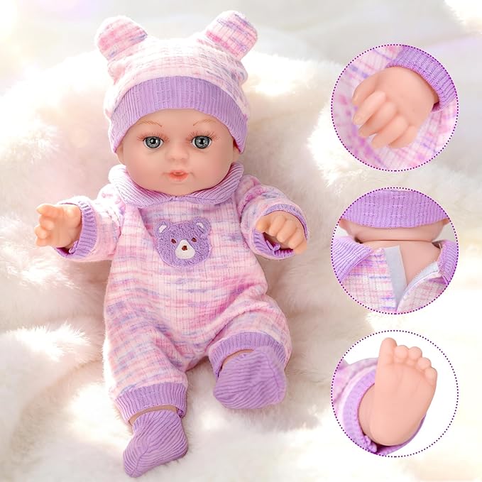 XFEYUE 12'' Baby Doll with Bear Pattern Backpack in Gift Box,Including Clothes Accessories, Backpack, Baby Bottle, Pacifier, Hat, Socks, and Handkerchief for 3+ Child Girls Gifts