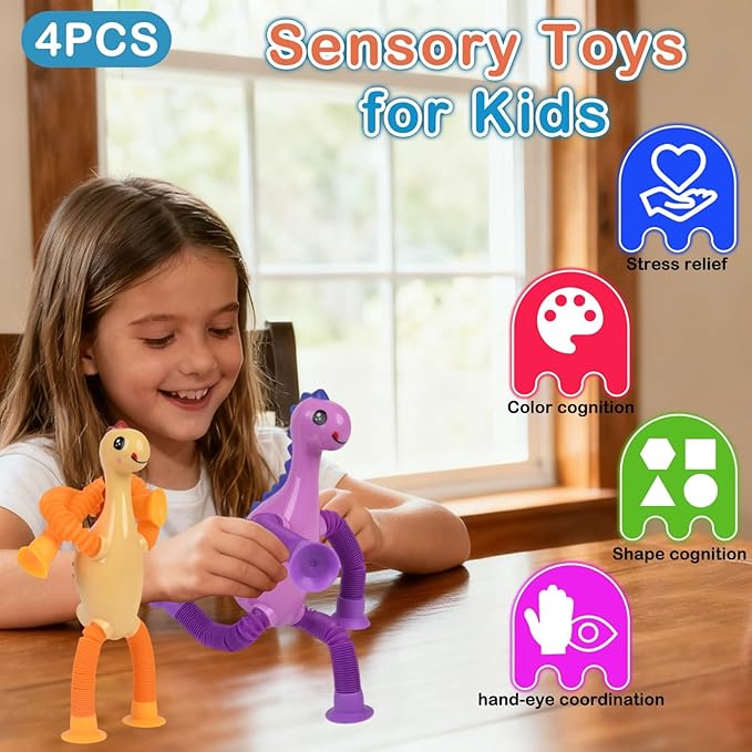 Dinosaur Pop Tubes Fidget Toys, 4 Pack Telescopic Suction Cup Toy for Kids Toddlers, Animal Autism Sensory Toy for Boys Girls, Funny Stocking Stuffers for Boys Girls Christmas Birthday Gift