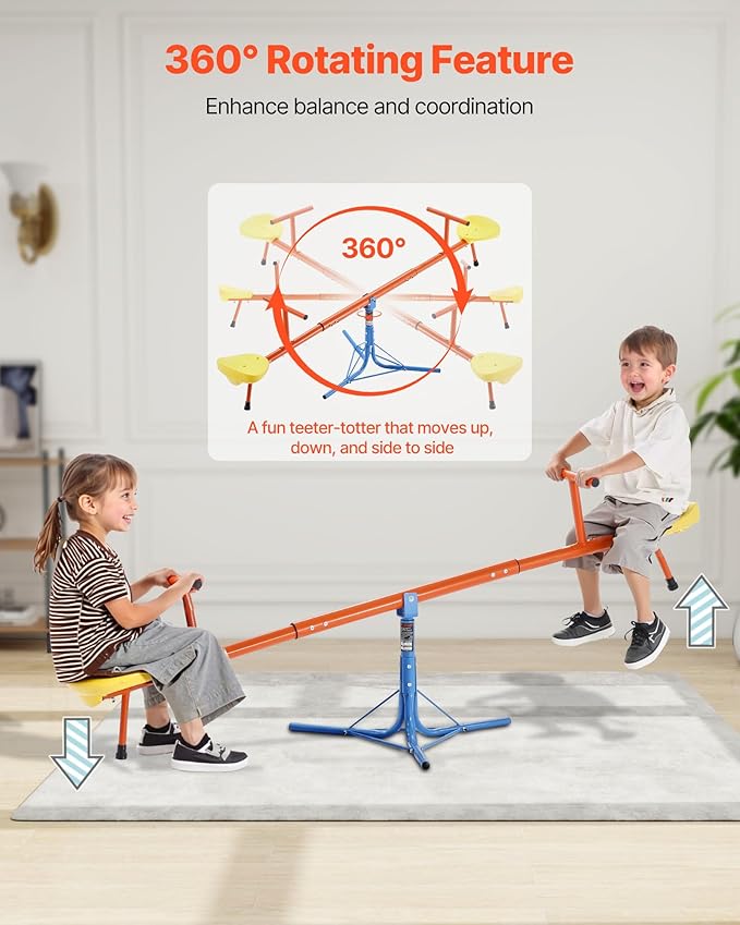 VEVOR Seesaw Teeter Totter for Kids Outdoor, 100 lbs Load Capacity per Seat, Sit and Spin Teeter Totter with 3-Prong Support Legs, Playground Equipment with Swiveling 360 Degrees Rotating for Aged 3+