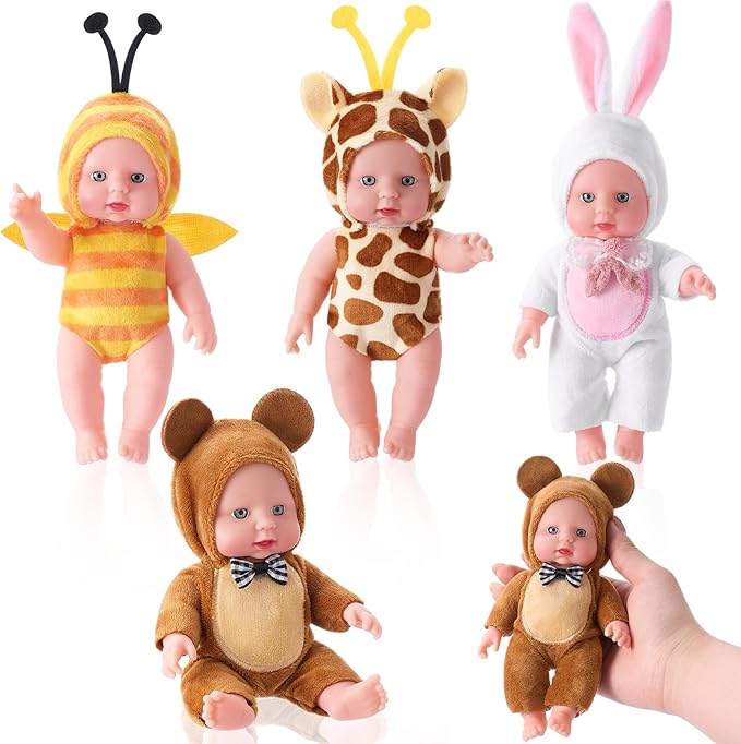 Halloscume 7 Inch Mini Baby Mini Reborn Doll Vinyl Full Body Lifelike Dolls Baby with Weighted Cloth Reborn Gift Set for Kids, Gifts for Christmas Kids (4 Pcs,Animal 1)