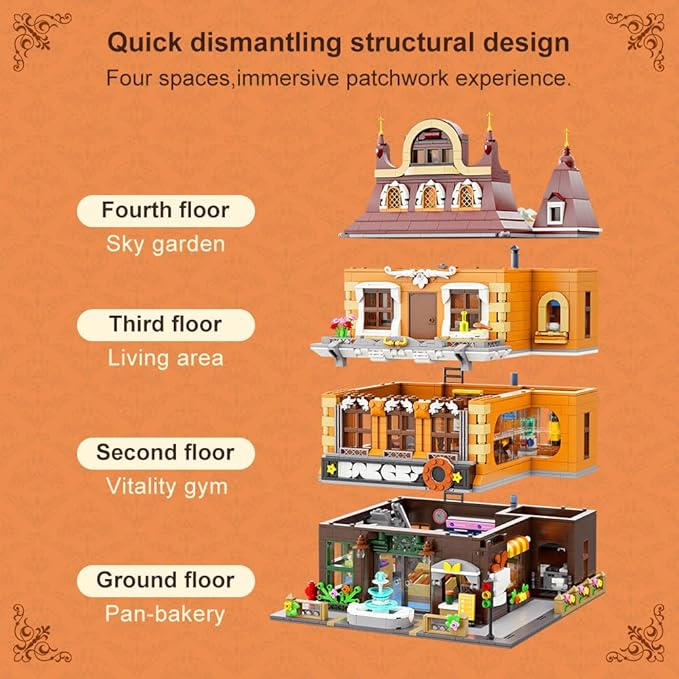 PANTASY European Bakery Building Kit-Landmark Construction Set for Adults & Teens, Featuring a Bakery, Gym, Living Quarters, and Sky Garden