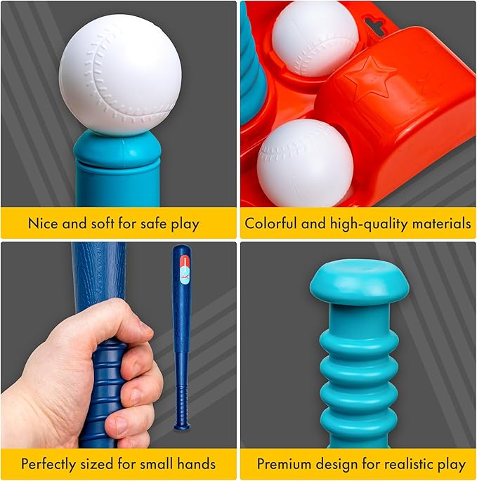 T Ball Stand for Kids and Toddlers 3-5, 5-8. Baseball Set Includes 6 Large Balls, an Adjustable Tball Batting Tee, and a Storage Net. Kids Bat & Teeball, T-Ball Sets for Kids