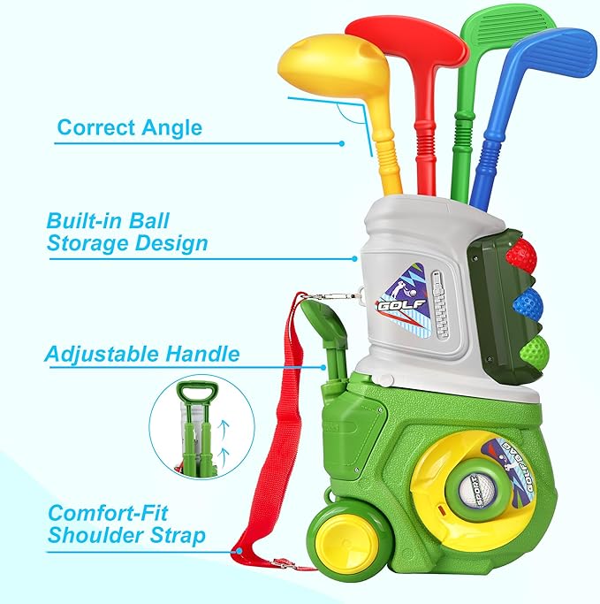Toddler Golf Set, Kids Golf Set for Ages 1 2 3 4 5 Years Old Boys Girls with 4 Plastic Golf Clubs 10 Balls, Indoor Outdoor Baby Toddler Golf Clubs Set Toy with Cart Sport Toy Birthday Gifts Green