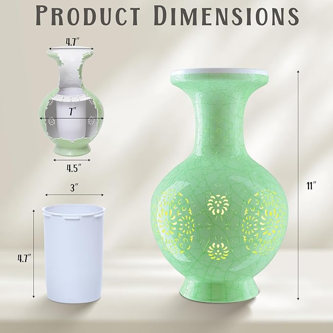 3D Puzzles Vase for Adults, 200 Pieces Plastic DIY Unique Flower Vase with LED Light House Warming Gift Birthday Gifts for Flower Arrangements and Home Decor (C- Mint Jade)