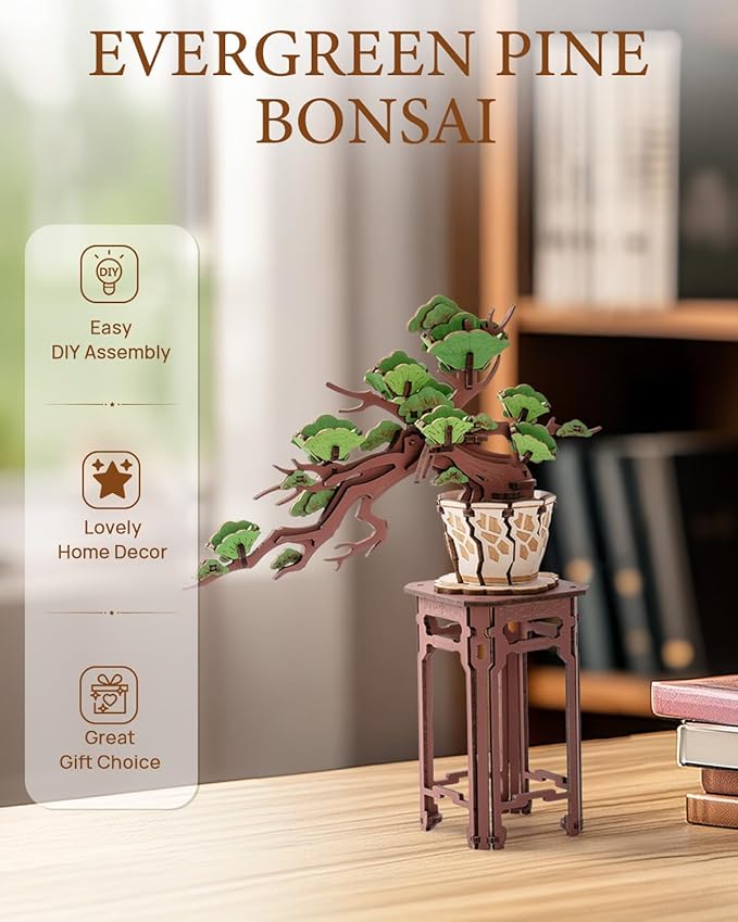 Rowood 3D Wooden Puzzles for Adults,DIY Pine Bonsai Tree Botanical Collection Building Set,Craft Kit Gift for Adults on Christmas Birthday ThanksgivingDay-Evergreen Pine Bonsai