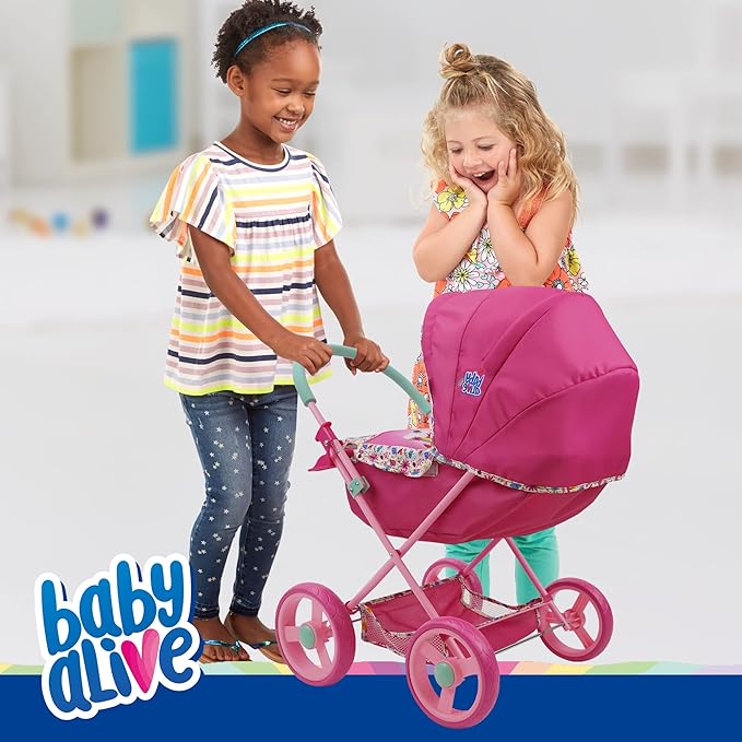 Baby Alive Deluxe Doll Pram - Pink & Rainbow - Includes Handbag, Fits 18" Dolls, Large Canopy, Storage Basket, Bassinet - Pretend Play for Kids Ages 3+
