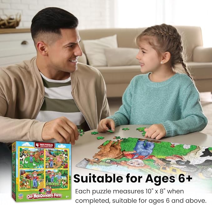MasterPieces – Jigsaw Puzzle Set for Kids 6+ Years, 4-Pack of 100 Pieces, Educational and Fun Game, Old Macdonald’s Farm Collection, Gift Idea for Children, 8" x 10"