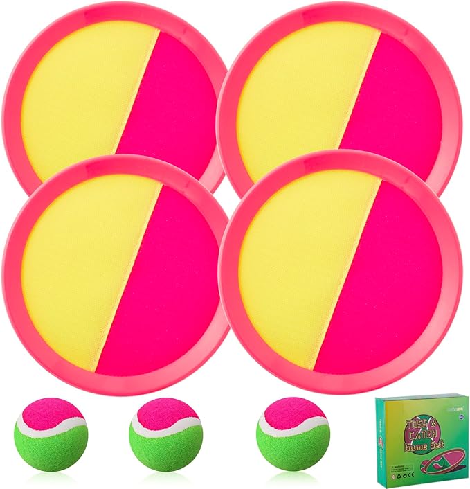 Beach Games, Outdoor Toys for Kids Ages 4-8, Toss and Catch Ball Set, with 4 Paddles 3 Balls, and 1 Storage Bag, Beach Toys Easter Gifts for Kids