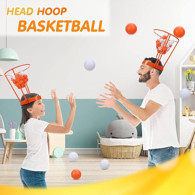 Head Hoop Basketball Party Game Set for Kid Adult Carnival Game Portable Adjustable Basket Net Headband with Balls for Birthday Carnival Office Indoor Outdoor Activity Fun Gift Back to School
