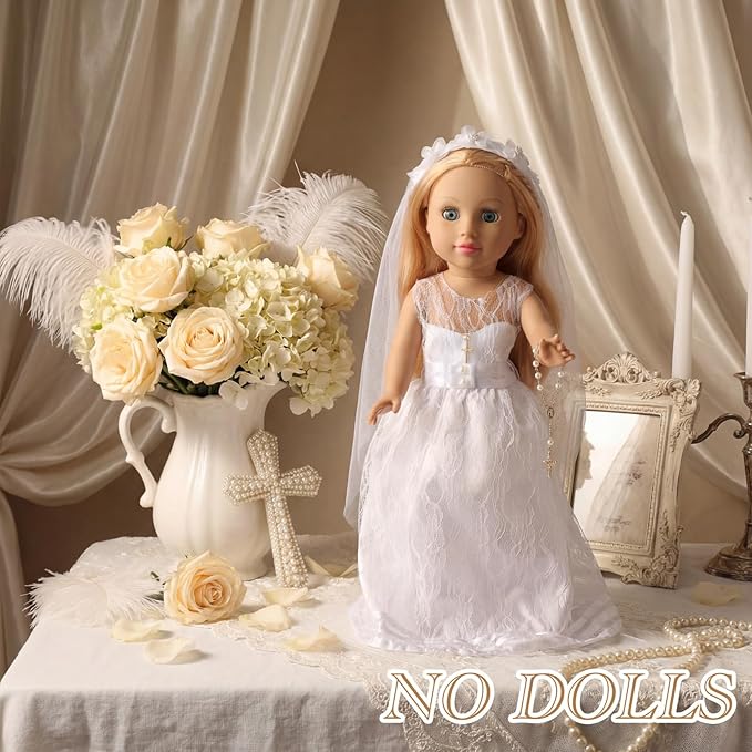 RoundFunny 7 Pcs 18 Inches American Doll Clothes Outfit First Communion Dress with Matching Headband Veil Bracelet Shoes Socks Necklaces Fit 18 Inches Dolls, Doll Not Included (Veil)