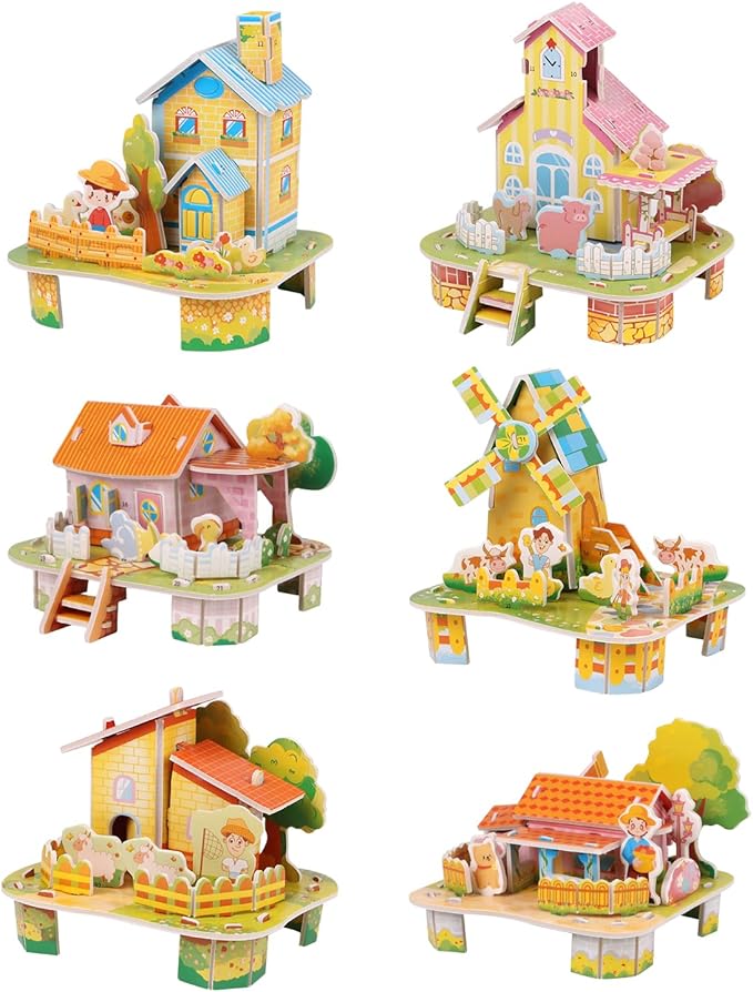 CCINEE 6 Pack 3D Puzzles for Kids Gift, Cartoon Paper Foam Puzzles Toy for Girls and Boys DIY Jigsaw Toys Mini House for School Family Craft Activity Easter Basket Stuffers Party Favors