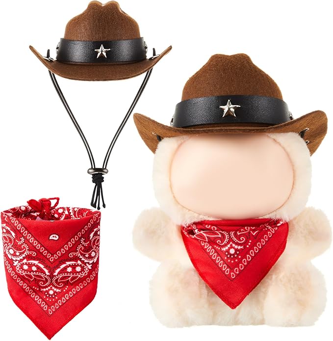 Shyyween 2 Pcs 17cm Doll Cowboy Costume Accessories Mini Western Cowboy Hat with Bandana Scarf Outfit Set Accessories for Birthday Christmas Anniversary Collectors' Gift, Doll Not Included