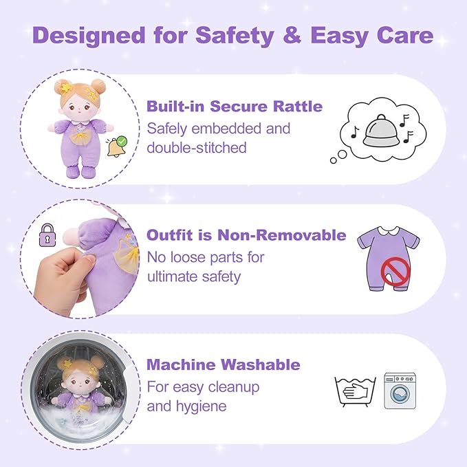 OUOZZZ Soft Baby Doll 10" - First Birthday Toys for 1 Year Old Girl, Ideal 1 Year Old Girl Gifts & Baby Girl Gifts, Snuggle Buddy for Infants Daisy Purple