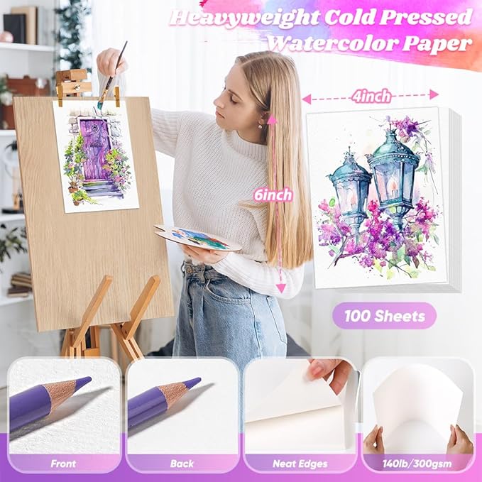 100 Sheets Watercolor Paper, 4"x6" White Water Color Paper Bulk, 140lb/300gsm Cold Press Water Color Paper for Artists Drawing Coloring Sketching Painting, Arts and Crafts Supplies for Kids Adults
