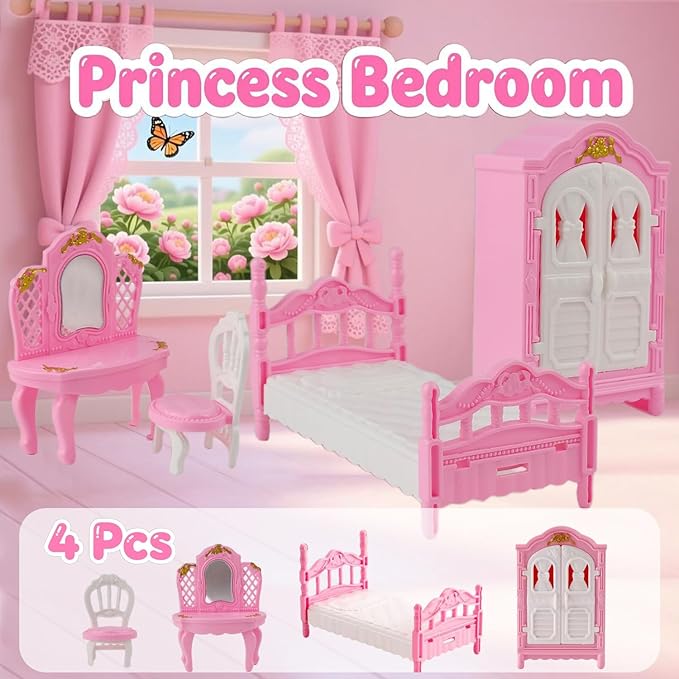 46Pcs Dollhouse Furniture Accessories Set Mini House Furniture Small Dollhouse Miniature Furniture Pretend Play House 1:12 Mini Kitchen Bedroom Livingroom Bathroom Tiny Toy Boy Girl Kid Toddler