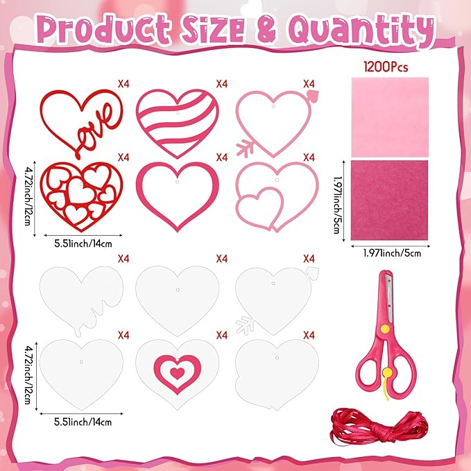 Feifeiya 24 Sets Valentine's Day Crafts for Kids Pink Heart Suncatcher Stained Glass Effect Tissue Paper Crafts Hanging Ornaments Kit for Valentine Party Favors Classroom DIY Art Project Supplies