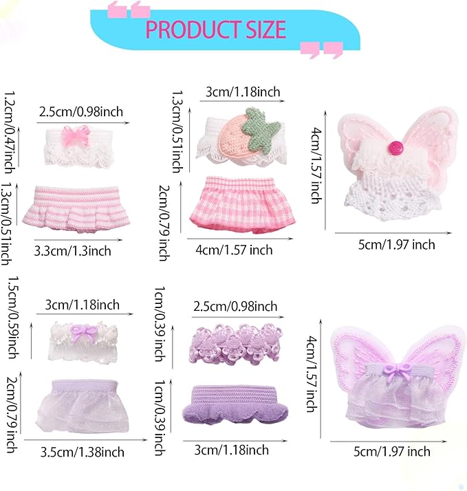 6 Sets Clothes for 3in/7.62cm Collectible Dolls, Handcrafted Adorable Doll Clothing Outfit Costume with Tops and Skirts Dress Accessories for Toy Enthusiasts Display & Decoration (Pink, Purple)