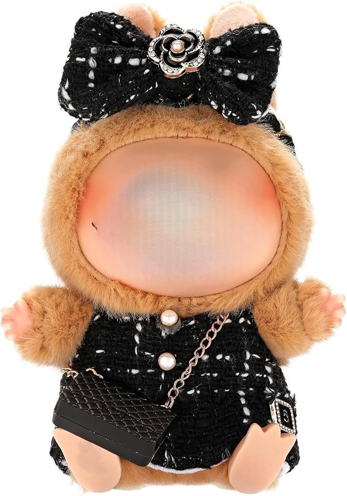 Doll Clothes for Labubu 17cm Have a Seat & Exciting Macaron & Big into Energy Series Dolls, Luxury Chic Series for 17cm Dolls Accessories (Black Dress+Hairband+Bag)