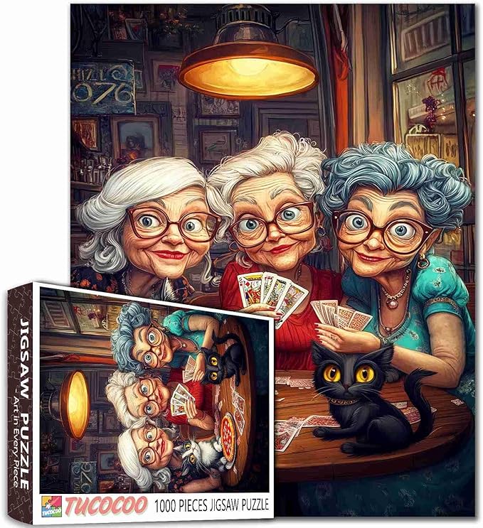 Fashion Old Woman Casino1000 Piece Jigsaw Puzzles for Adults Funny Grandma Playing Poker Jigsaw Puzzle Cute Animal Cat 1000 Pieces Puzzles Game Home Wall Decor Friendship DIY Craft Puzzle Art Gift