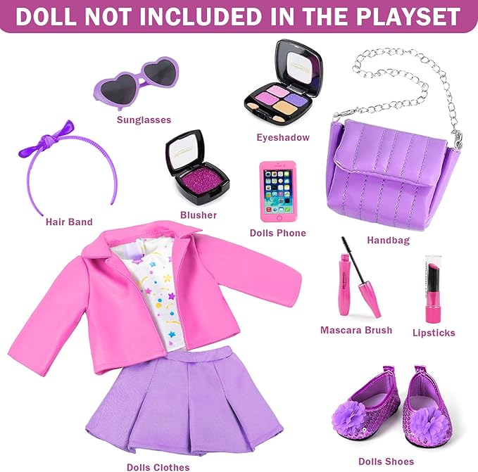 American 18 Inch Dolls Clothes and Makeup Accessories,Cosmetic Toys Shoulder Bags Gift Playset Fit for 18" Doll Including Skirt Outfit Eye Shadow Lipstick Blusher Headband,Doll Not Include