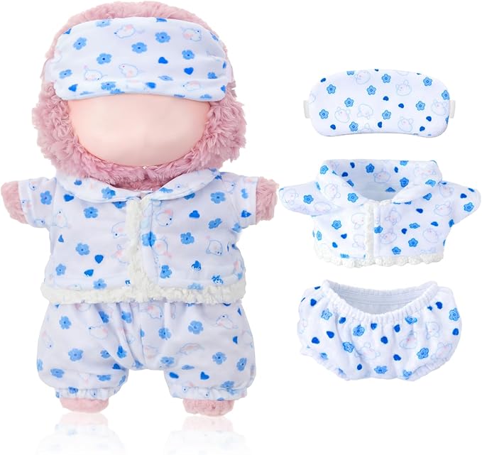 Simgoing 17cm Doll Clothes Pajamas Set with Pants Eye Mask Good Night Bedding Clothes Outfit Gifts Fits 17cm Dolls Accessories for DIY Dress up Lovers (Cute Blue Flower)
