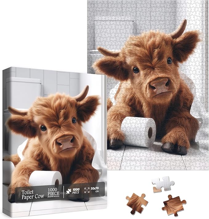 Funny Highland Cow Puzzles for Adults 1000 Pieces, Cute Animal Bathroom Cattle Jigsaw Puzzle, Art Challenging Toilet Paper Calf Puzzle