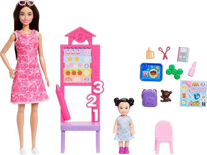 Barbie Careers Teacher Playset with Fashion Doll Wearing Removable Dress, Toddler Small Doll, Classroom Board & Accessories