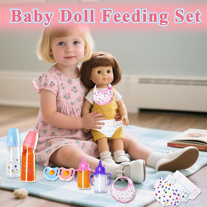 12PCS Baby Doll Accessories Set,Doll Pretend Play Feeding Toys,Baby Doll Feeding Include Disappearing Milk and Juice Bottles,Pacifier,Bibs,Diapers