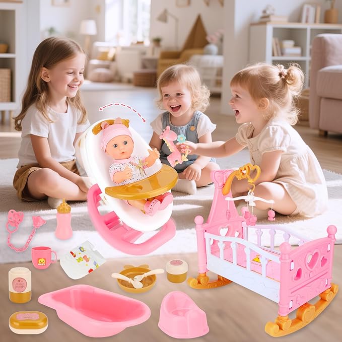 deAO Baby Doll Set Baby Doll Accessories 25Pcs Dolls Care Toy Play Set with Crib,High Chair,Milk,Bottle,Pacifier,Diaper Christmas Birthday Gift for Kids 3+ Years Old
