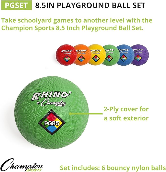 Champion Sports Rhino Playground Ball Set, 8.5"D -Two-Ply, Nylon Wound - Set of 6 Colors