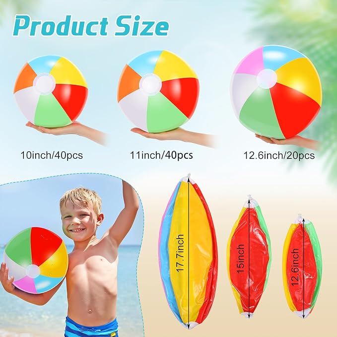 100 Pack Inflatable Beach Balls 10'' 11'' 12.6'' Rainbow Colored Beach Ball Summer Pool Party Toys for Water Games Hawaiian Party Decorations Birthday Favors Supplies