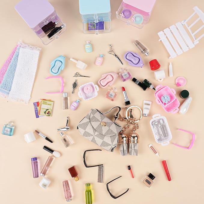 BeadRiver 77Pcs Dollhouse Bathroom Accessories Set - Miniature Makeup & Toiletries with Storage Cases, Handbag, Hair Dryer - 1:12 Scale Doll House Decor for Girls