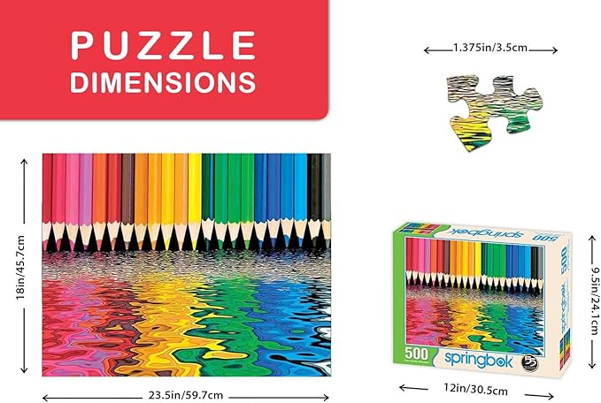 Springbok Pencil Pushers 500 piece Jigsaw Puzzle for Adults and Kids features a rainbow of colored pencils - Made in the USA with interlocking pieces that snap perfectly in place.